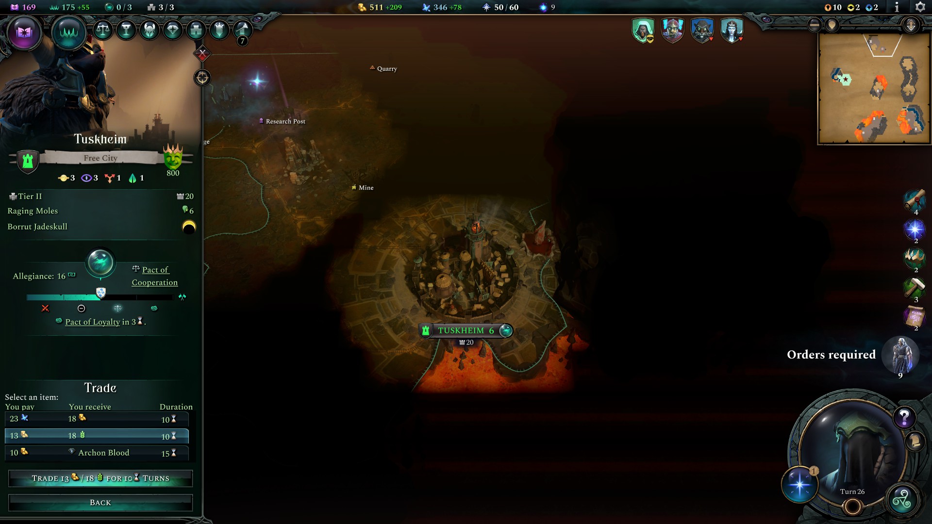 We trade gold for food in Tuskheim, which will help Endrail grow.